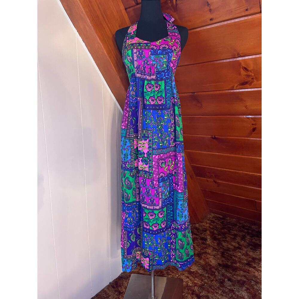 Vintage 70s Barkcloth DayGlo Hawaiian Patchwork Print Halter Maxi Dress sz S